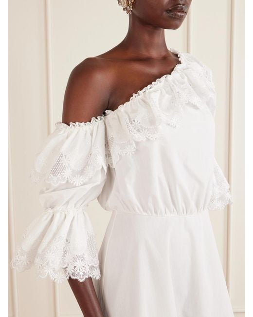 Saint Laurent Natural One-Shoulder Guipure-Lace Trimmed Cotton-Poplin Mini Dress