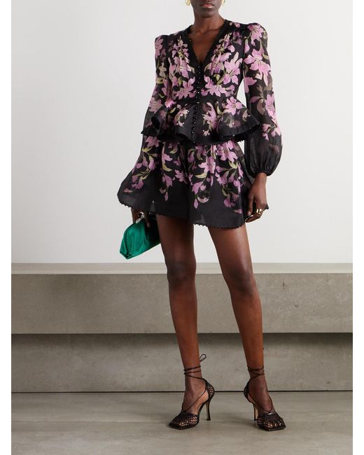 Zimmermann Black Dawning Bead-Embellished Floral-Print Linen And Silk-Blend Blouse