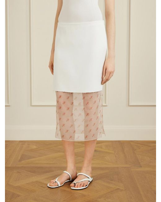 Khaite White Sybil Layered Frayed Satin-Crepe And Floral-Print Organza Midi Skirt
