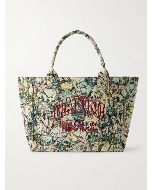 Ganni Green Shopper Xxl Reversible Embroidered Jacquard Tote