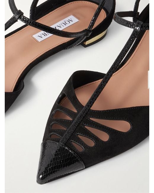 Aquazzura Black Camille Patent Snake-Effect Leather-Trimmed Cutout Suede Point-Toe Flats