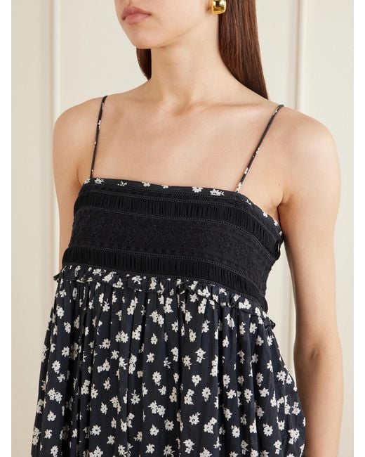 Posse White Danielle Floral-Print Lace-Trimmed Cotton Maxi Dress
