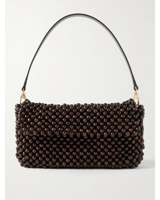 Staud Black Timmy Leather-Trimmed Beaded Mesh Shoulder Bag