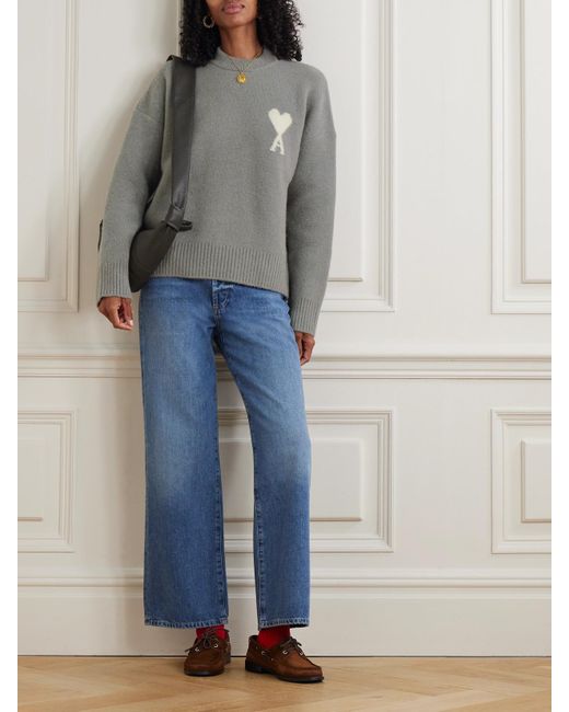 AMI Gray Intarsia Oversized Alpaca-Blend Sweater