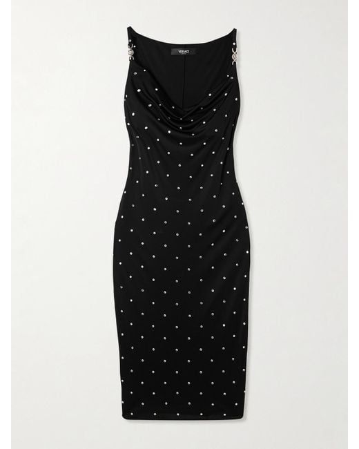 Versace Black Embellished Draped Jersey Midi Dress