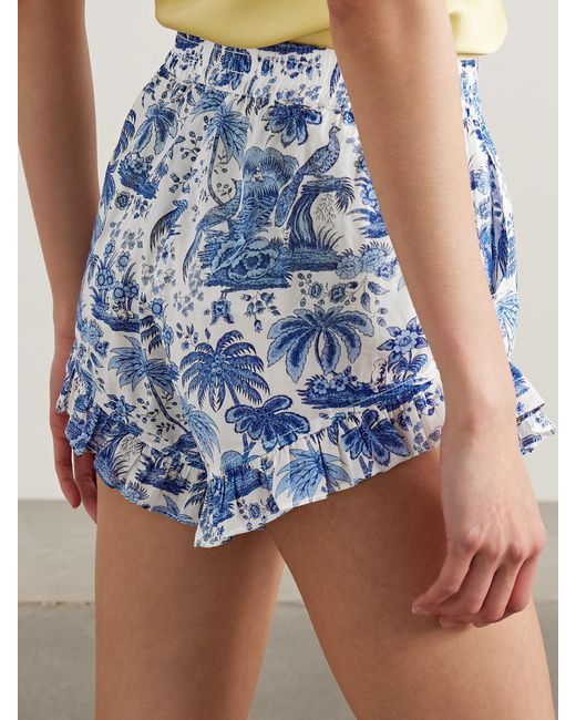 Staud Blue Boyana Ruffled Gathered Cotton-Voile Shorts