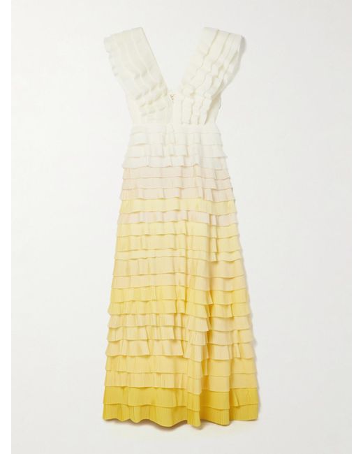 Aje. Yellow Reflection Maxikleid Aus Plissiertem Organza Mit Rüschen Und Farbverlauf