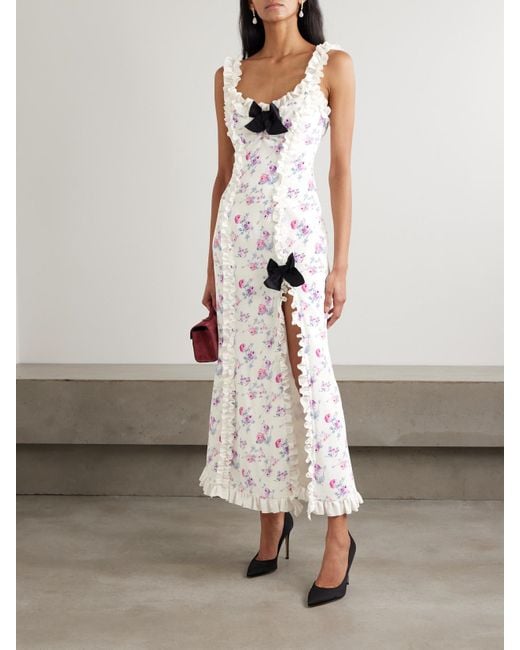 Alessandra Rich White Midikleid Aus Crêpe De Chine Aus Seide Mit Blumenprint, Rüschen Und Schleifen Aus Taft