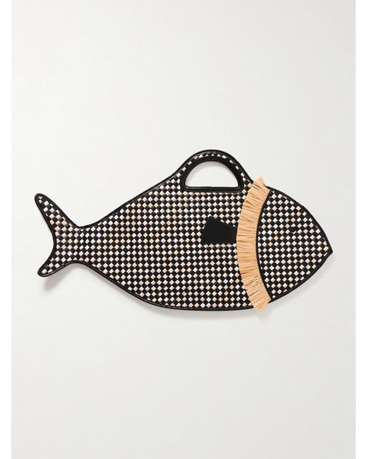 Staud Black Cleo Fish Woven Leather And Raffia Tote