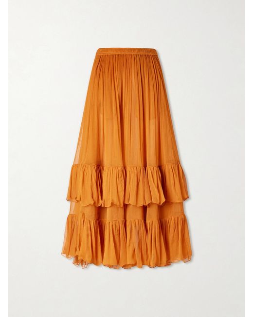 Saint Laurent Orange Ruffled Silk-Muslin Maxi Skirt