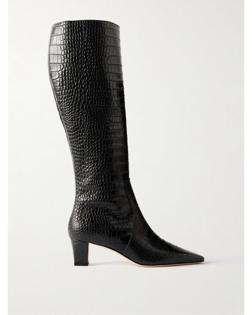 Manolo Blahnik Black Penelope 50 Croc-Effect Leather Knee Boots