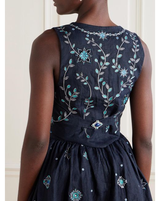 Agua Bendita Blue Esmeralda Relicario Embroidered Linen Cropped Top