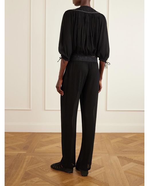 Isabel Marant Black Guylene Lace-Trimmed Silk-Crepe Straight-Leg Pants