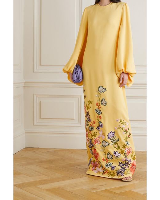 Costarellos Yellow Zinnia Embroidered Crepe Gown