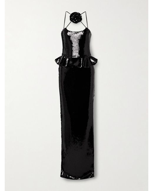 Rodarte Black Sequined Tulle Peplum Gown