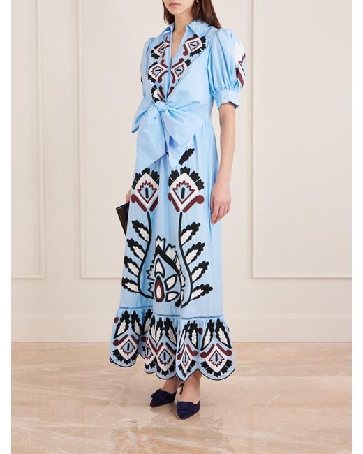 Farm Rio Blue Tie-Front Scalloped Appliquéd Cotton-Poplin Maxi Dress