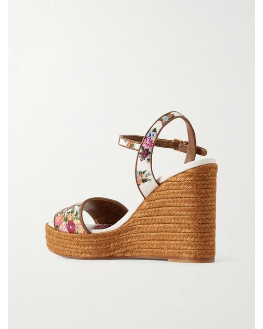 Dolce & Gabbana Brown Leather-Trimmed Embroidered Canvas Platform Wedge Sandals