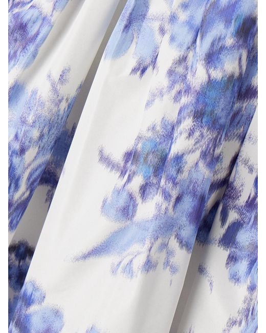 Carolina Herrera Blue Pleated Floral-Print Taffeta Maxi Skirt