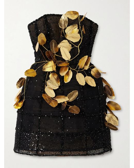 Oscar de la Renta Black Embellished Tulle Mini Dress