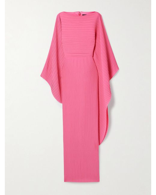 Solace London Pink Adami Cape-Effect Plissé-Chiffon Gown