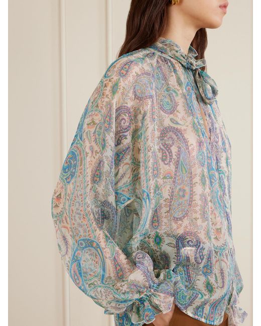 Etro Blue Pussy-Bow Ruffled Paisley-Print Silk-Crepon Blouse