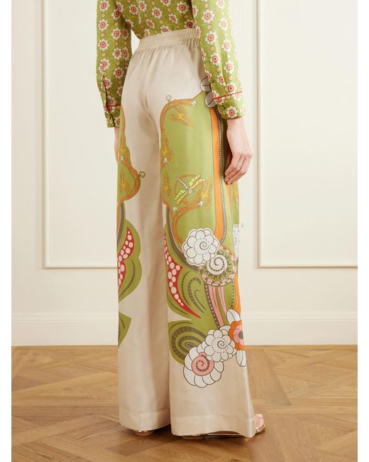 LaDoubleJ White Palazzo Floral-Print Silk-Twill Wide-Leg Pants