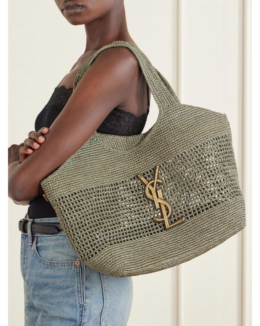 Saint Laurent Metallic Icare Maxi Leather-Trimmed Raffia Tote