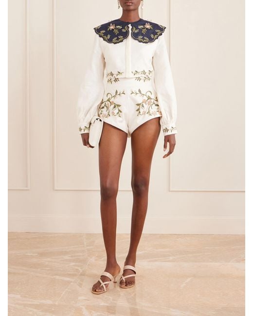 Agua Bendita Blue Cumbre Floral-Embroidered Appliquéd Tiered Linen Shirt