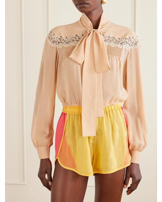 Saint Laurent Natural Cropped Pussy-Bow Lace-Trimmed Silk-Georgette Blouse