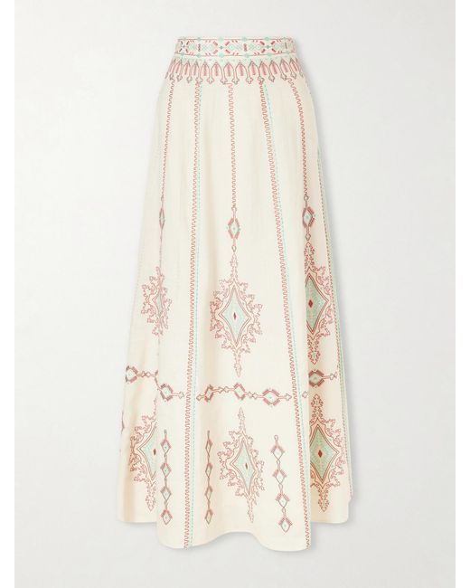 Emporio Sirenuse Natural Camille Embroidered Linen And Cotton-Blend Midi Skirt