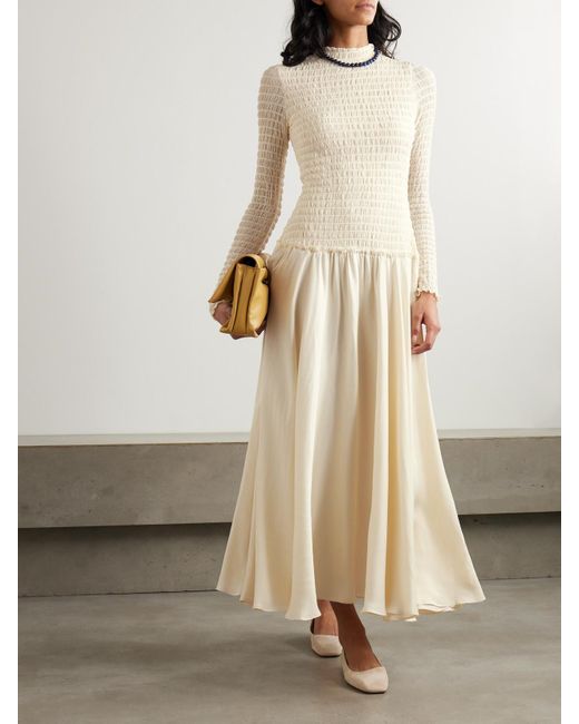 Siedres Natural Feja Open-Back Shirred Stretch-Mesh And Satin-Jersey Midi Dress
