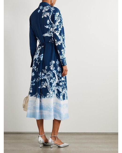 Erdem Blue Printed Crepe De Chine Midi Dress