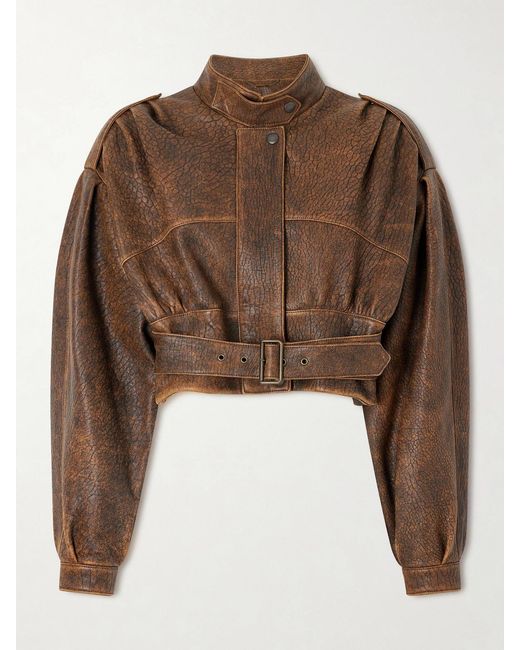 Chloé Brown Cropped Belted Textured-Leather Jacket