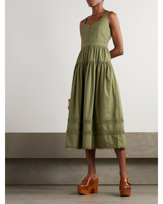 Ulla Johnson Green Isadora Tiered Lace-Trimmed Cotton-Poplin Midi Dress