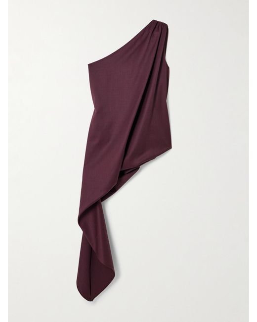 Abadia Purple Ayla One-Shoulder Draped Wool-Blend Twill Top