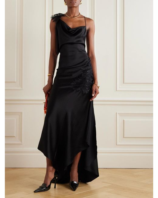 Victoria Beckham Black Asymmetric Draped Sequin-Embellished Lace-Trimmed Satin Gown