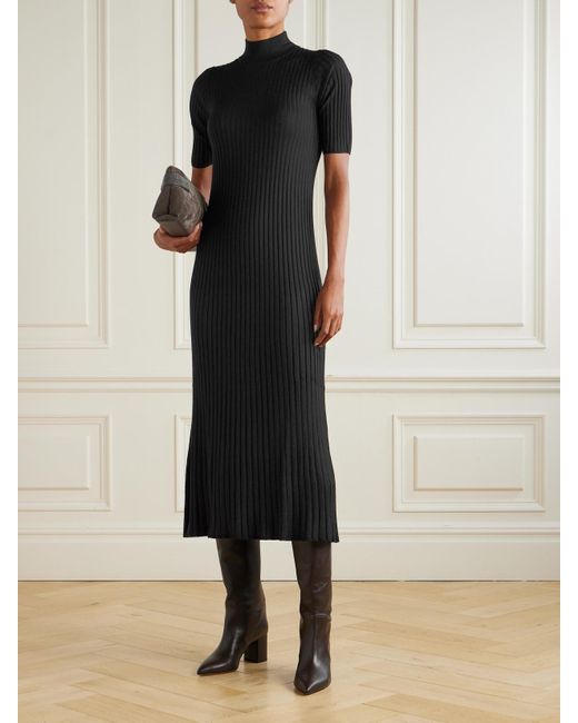 Brunello Cucinelli Black Ribbed Cashmere-Blend Midi Dress