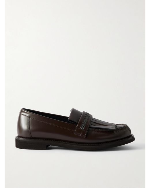Brunello Cucinelli Black Loafers Aus Leder Mit Fransen Und Zierperlen