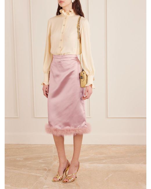 Valentino Garavani Pink Feather-Trimmed Satin Midi Skirt
