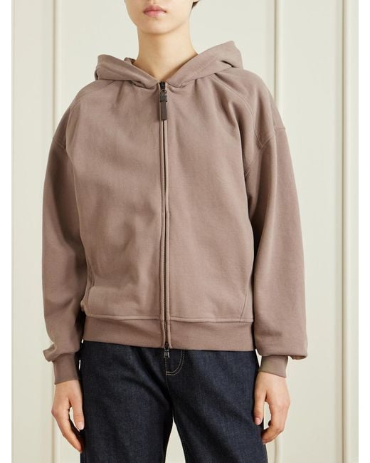 Brunello Cucinelli Brown Bead-Embellished Cotton-Jersey Zip-Up Hoodie