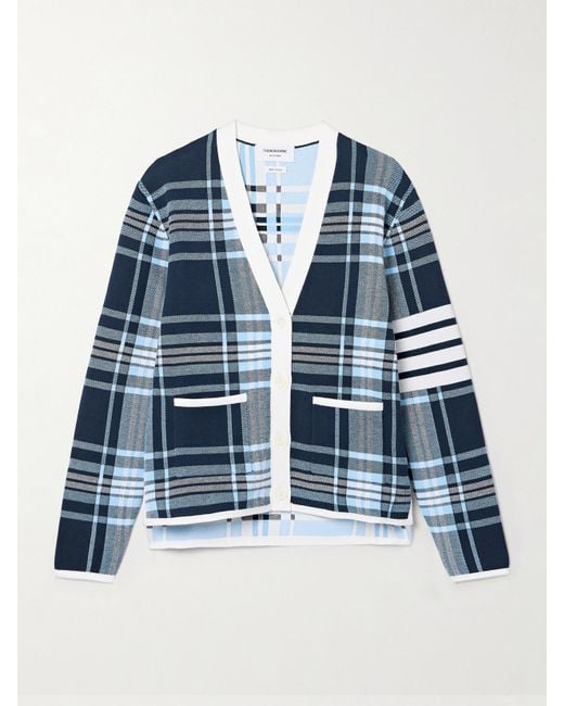 Thom Browne Blue Cardigan Aus Kariertem Jacquard Aus Einer Baumwollmischung