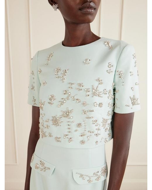 Oscar de la Renta Blue Crystal-Floral Embroidered Stretch-Wool Gown
