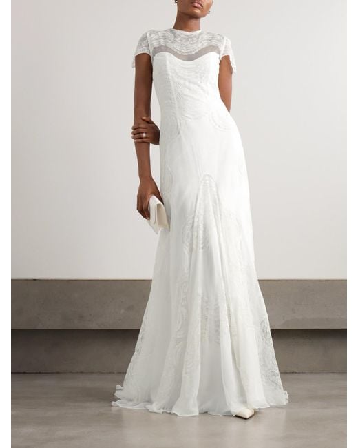 Costarellos White Zephira Embroidered Chantilly Lace-Trimmed Silk-Chiffon Gown