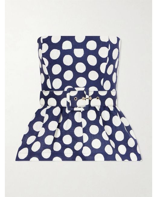 Cara Cara Blue Tilda Strapless Belted Peplum Polka Dot Linen Top