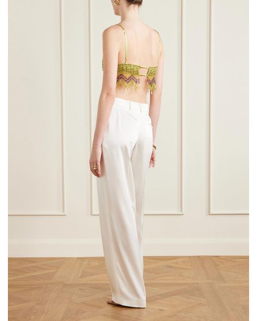 Bode Yellow Bottleglass Cropped Fringed Beaded Satin Top