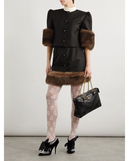 Valentino Garavani Black Cropped Shearling-Trimmed Embellished Silk Jacket