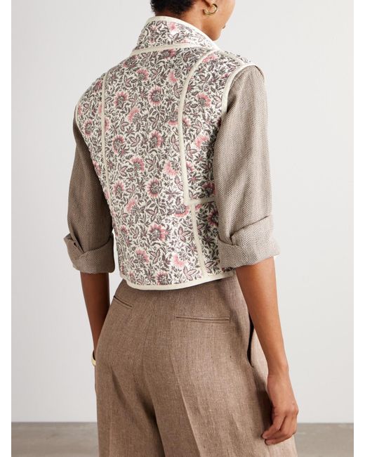 Loro Piana Pink Alev Reversible Cropped Quilted Floral-Print Linen Vest