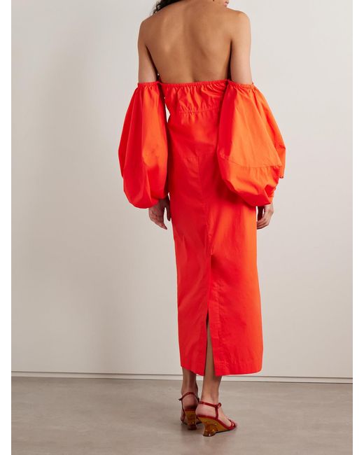 Rosie Assoulin Red Off-The-Shoulder Cotton-Poplin Midi Dress