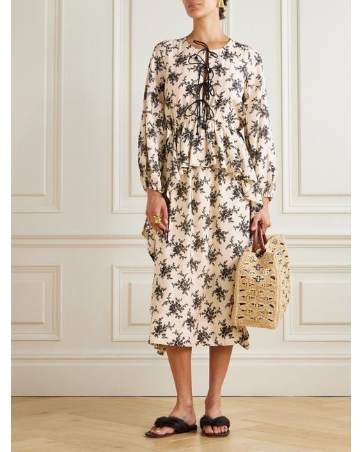 Sea Natural Joan Tie-Detailed Ruffled Floral-Print Voile Midi Dress