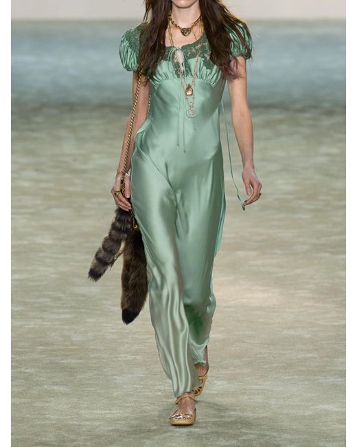 Chlo Lace-Trimmed Silk-Satin Gown in Green | Lyst